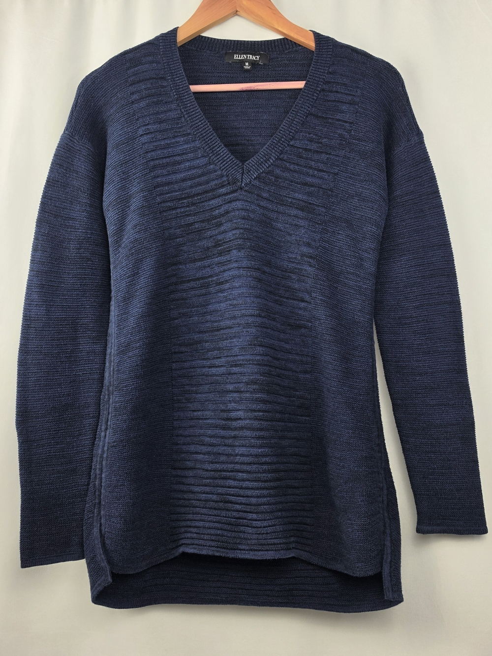 Ellen Tracy M Admiral Blue Textured Knit V Neck High Low Sweater
